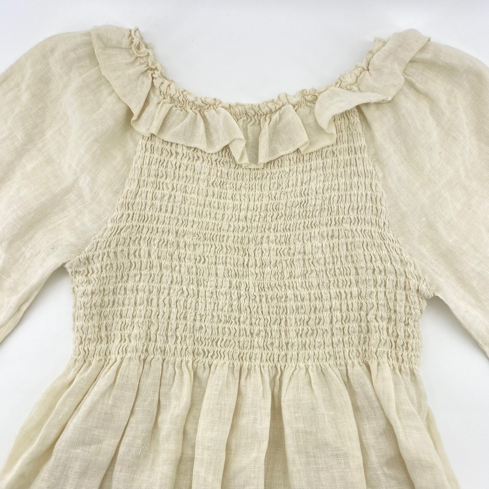 New Collection Womens Cream 100% Linen Smocked Ruffle Top Made in Italy‎